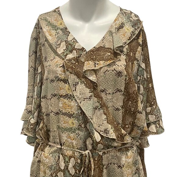 Dex Snakeskin Print V-Neck Ruffled Flutter Sleeve Faux Wrap Midi Dress 1X Earthy - Picture 3 of 11